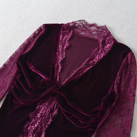 Velvet lace V-neck long-sleeved bottoming T-shirt - Thumbnail 2