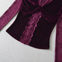 Velvet lace V-neck long-sleeved bottoming T-shirt - Thumbnail 3