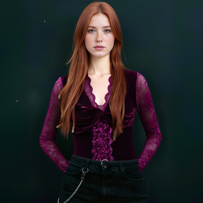 Velvet lace v-neck long-sleeved bottoming t-shirt