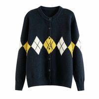 Preppy style round neck long sleeve single-breasted diamond check print sweater - Thumbnail 1