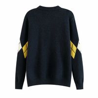 Preppy style round neck long sleeve single-breasted diamond check print sweater - Thumbnail 2