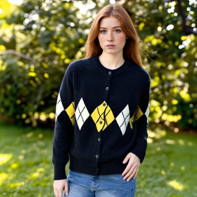 Preppy style round neck long sleeve single-breasted diamond check print sweater