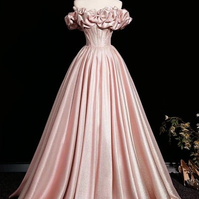 Pink satin long a-line prom party dress - Thumbnail 1