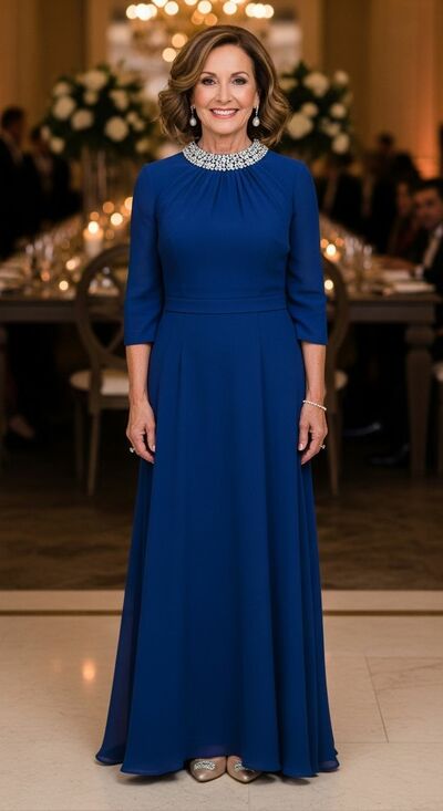 Royal Blue A Line Chiffon 3/4 Long Sleeve Beaded Mother of Bride/Groom Dress Evening Formal Gowns 