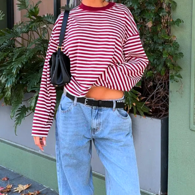 Red striped loose long sleeve tee