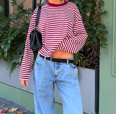 RED STRIPED LOOSE LONG SLEEVE TEE