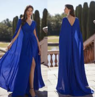 V Neck Royal Blue Prom Dresses Chiffon Evening Gown Split Side