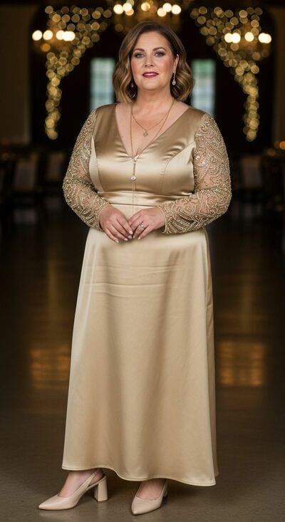 Champagne Plus Size Sheath Long Sleeve Lace Mother of Bride/Groom Dress Evening Formal Gowns 