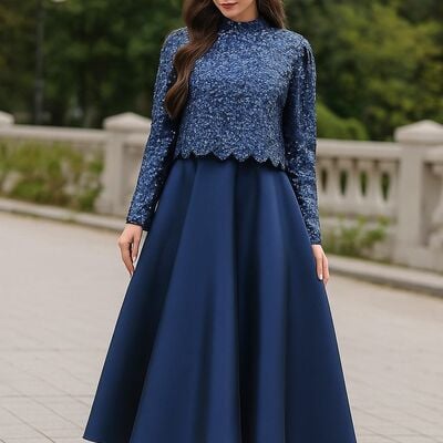Navy blue  a line lace tea-length mother of bride/groom dress evening formal gowns 