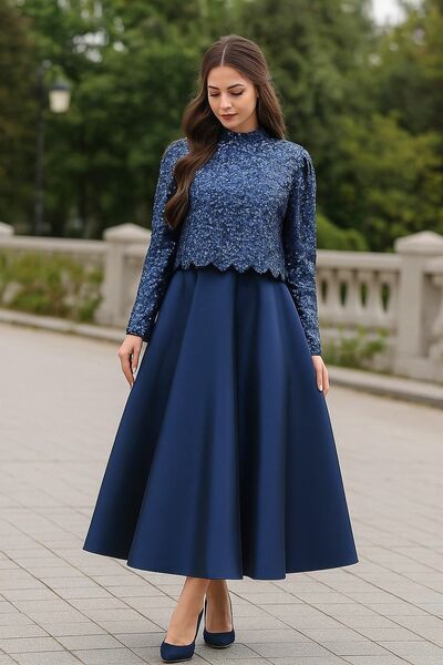 Navy Blue  A Line Lace Tea-length Mother of Bride/Groom Dress Evening Formal Gowns 