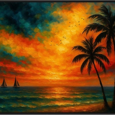 Tropical sunset with sailboats
