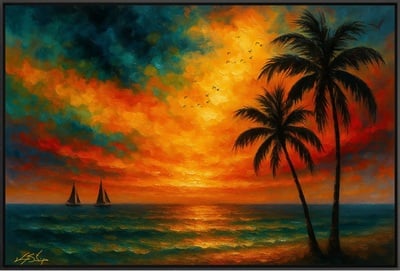 Tropical Sunset with Sailboats
