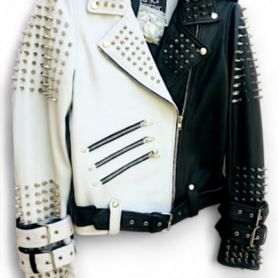 Crafted leather handmade women black white punk silver spiked studded leather biker jacket