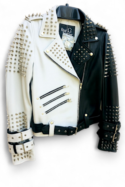Crafted Leather Handmade Women Black White Punk Silver Spiked Studded Leather Biker Jacket