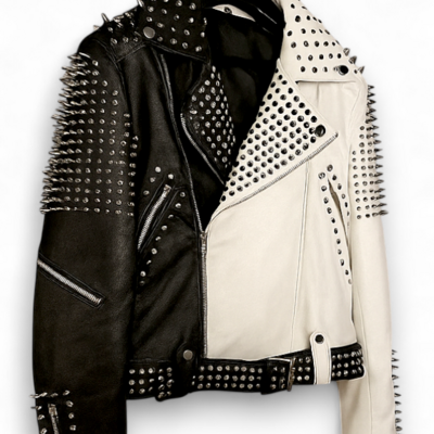Crafted leather handmade black white color biker real leather studded jackets for mens