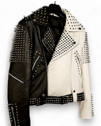 Crafted Leather Handmade Black White Color Biker Real Leather Studded Jackets For Mens