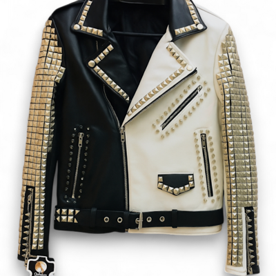 Crafted leather new women black white full golden studded brando belted cow biker leather jacket