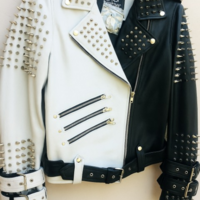 Crafted Leather Handmade Women Black White Punk Silver Spiked Studded Leather Biker Jacket - Thumbnail 2