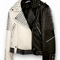 Crafted Leather Handmade Black White Color Biker Real Leather Studded Jackets For Mens - Thumbnail 1