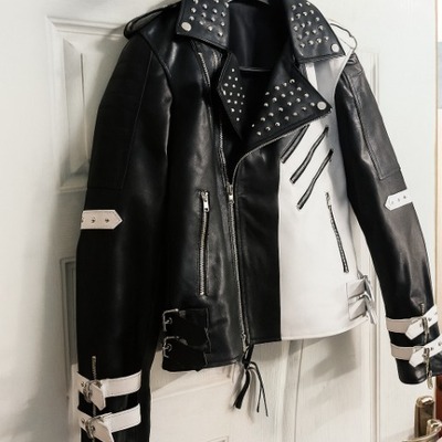Crafted leather women classy black white leather studded jacket with silver studs - Thumbnail 1