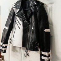 Crafted Leather Women Classy Black White Leather Studded Jacket with Silver Studs - Thumbnail 1