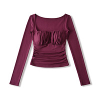 Sexy padded square neck ruffled long-sleeved base T-shirt - Thumbnail 2