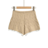Lace-trimmed high-waisted knit cable knit shorts for autumn and winter - Thumbnail 2