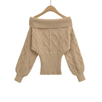 Sexy off-shoulder long-sleeved fitted sweater with rolled-up hem - Thumbnail 1