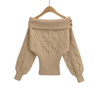 Sexy off-shoulder long-sleeved fitted sweater with rolled-up hem - Thumbnail 2