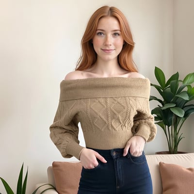 Sexy off-shoulder long-sleeved fitted sweater with rolled-up hem