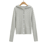 Retro cable knit heavy-duty double-layer hooded long-sleeved button cardigan sweater - Thumbnail 2