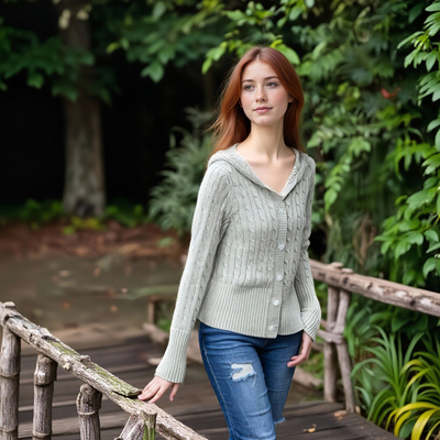 Retro cable knit heavy-duty double-layer hooded long-sleeved button cardigan sweater