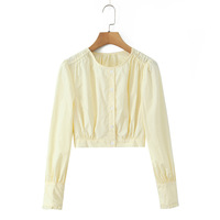 Crew neck single-breasted long-sleeved sexy cropped casual shirt - Thumbnail 1