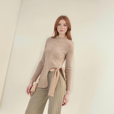 Fashionable, simple and casual long slit shoulder pad round neck long-sleeved knitted sweater - Thumbnail 5