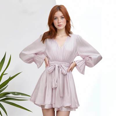 Temperament v-neck pleated tie waist short long-sleeved dress