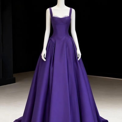 Purple satin long a-line prom party dress