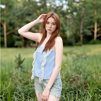 Simple and fresh girl sweet casual outer wear embroidered top with small camisole - Thumbnail 2