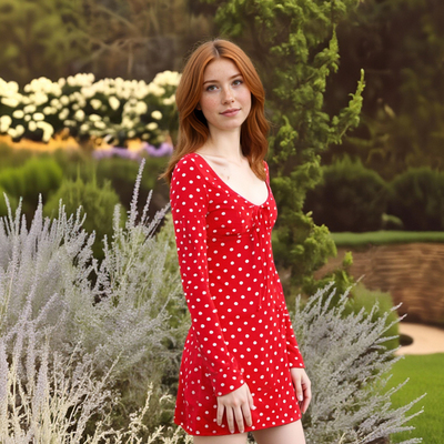 Sexy square neck strap red polka dot long sleeve casual miniskirt dress