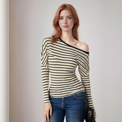 Sexy off-shoulder striped waist elastic slim long-sleeved t-shirt - Thumbnail 3