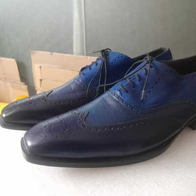 Hot sale men's handmade blue wingtip leather lace up formal shoes - Thumbnail 1