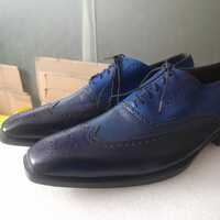 Hot Sale Men's Handmade Blue Wingtip Leather Lace Up Formal Shoes - Thumbnail 1