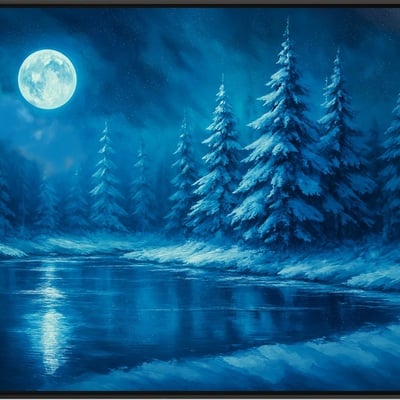 Moonlit winter forest by a lake