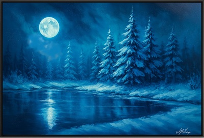 Moonlit Winter Forest by a Lake