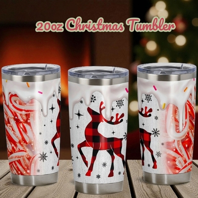Plaid reindeer christmas drip tumbler - candy cane, faux icing & buffalo check 20 oz fat tumbler ds