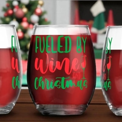 ​"fueled by wine and christmas" stemless glass - funny holiday drinking gift ds