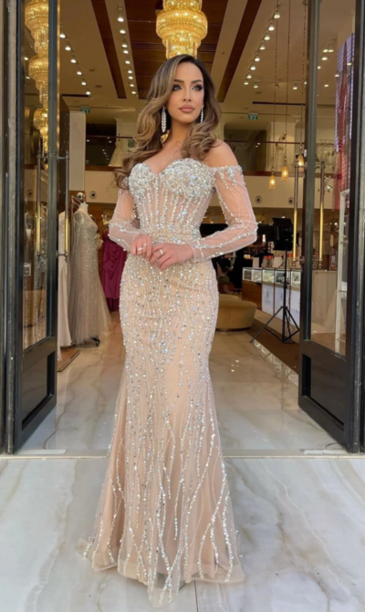 Sweetheart Champagne Off-Shoulders Long Sleeve Tulle Prom Dress with Beads