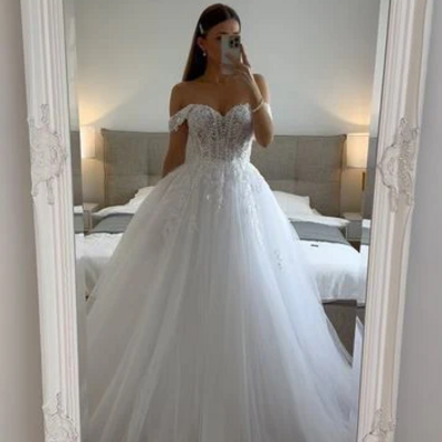 Beautiful off the shoulder tulle white wedding dresses bridal gowns 
