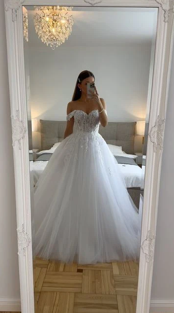 Beautiful Off The Shoulder Tulle White Wedding Dresses Bridal Gowns 