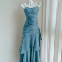Elegant Spaghetti Straps Blue Satin Long Prom Dresses Party Dresses - Thumbnail 1
