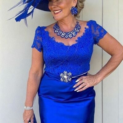 Plus size royal blue lace tea-length mother of bride/groom dress evening formal gowns 